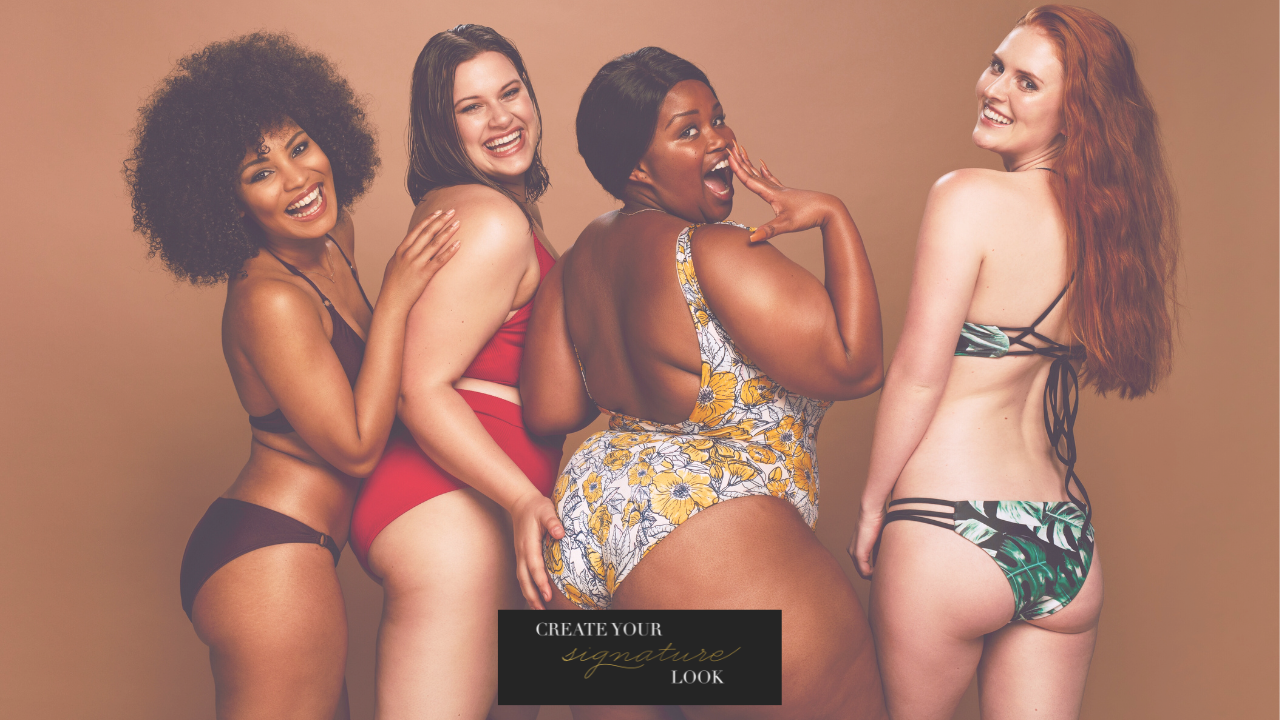 Image depicting a group of women with diverse body types embracing the theme of body acceptance.