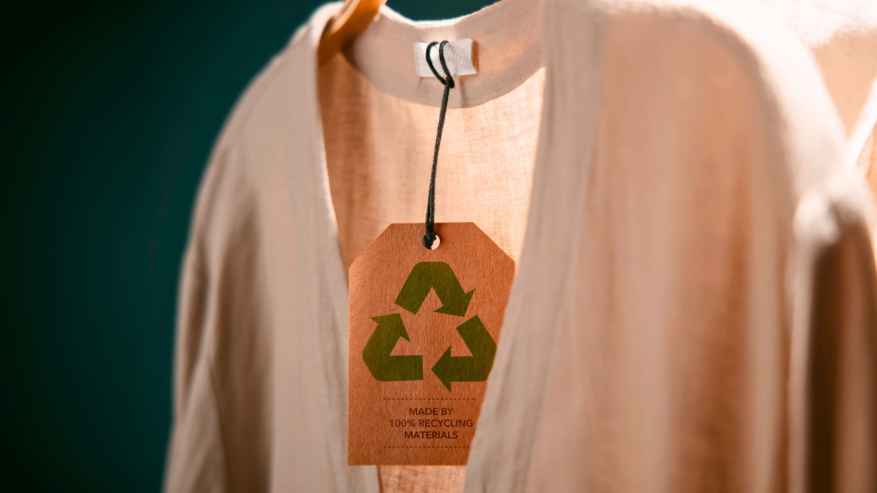 A picture of a hanging garment with a tag that proudly states, "Made By 100% Recycled Materials," highlighting the focus on sustainable fashion.