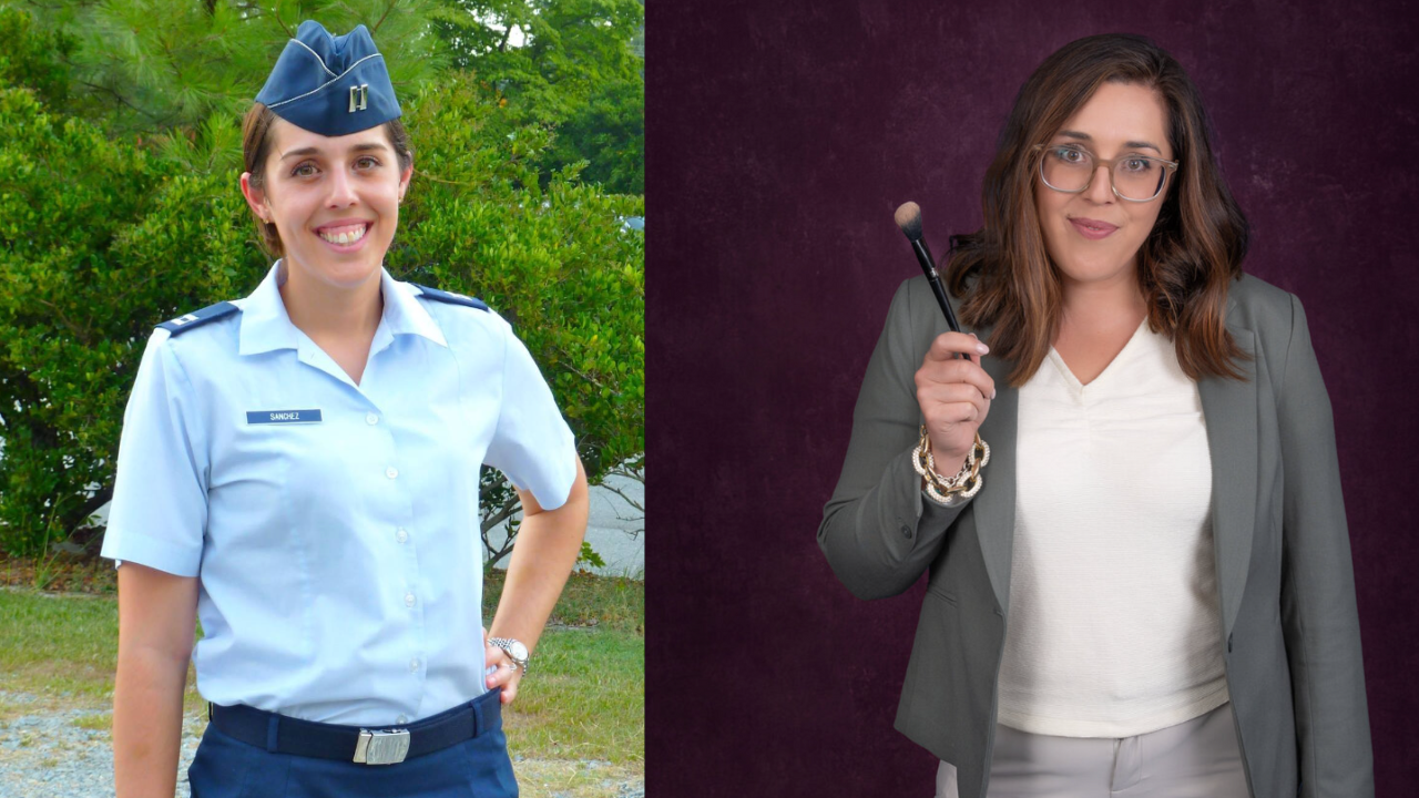 Two side-by-side images of Natalie Setareh, one portraying her in a military officer role and the other showcasing her as a makeup artist