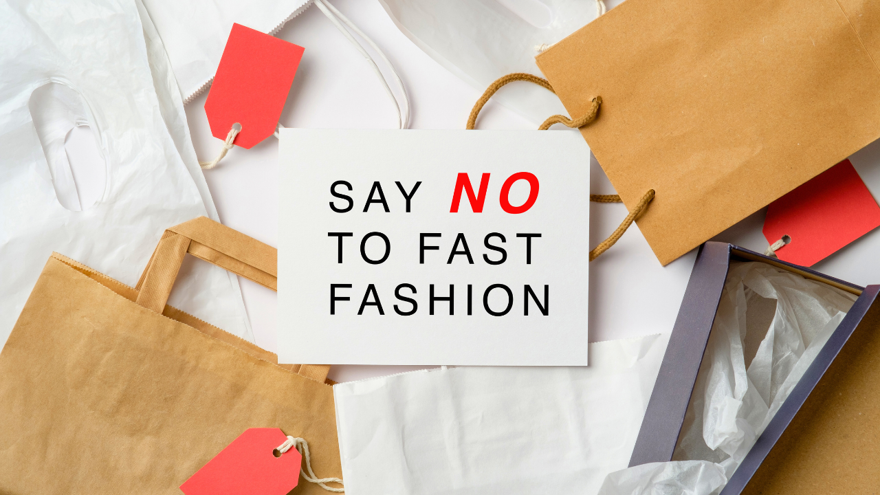 An image showcasing shopping bags and tags, accompanied by a sign that reads "Say No To Fast Fashion."