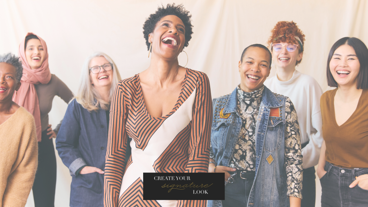 The image shows women in chic attire, laughing and having a great time, highlighting the concept of achieving career success through clothing and makeup choices that reflect one's values.